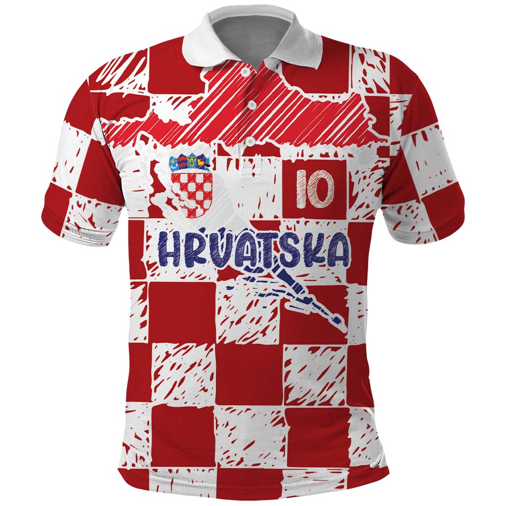 Custom Hrvatska National Football Polo Shirt Checkerboard Sketch Style