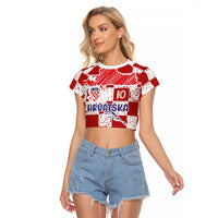 Custom Hrvatska National Football Raglan Cropped T Shirt Checkerboard Sketch Style
