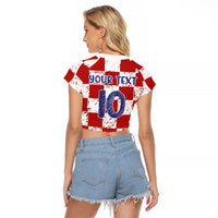 Custom Hrvatska National Football Raglan Cropped T Shirt Checkerboard Sketch Style