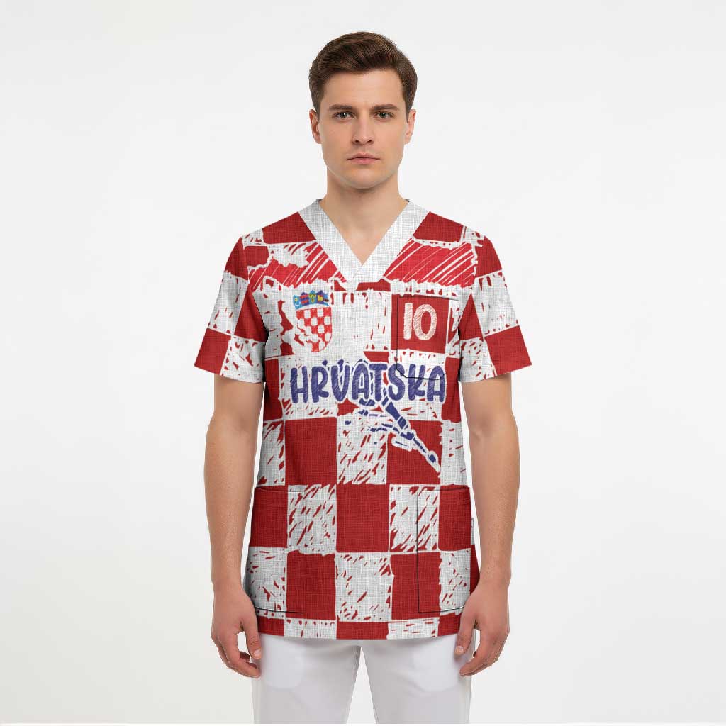 Custom Hrvatska National Football Scrub Top Checkerboard Sketch Style