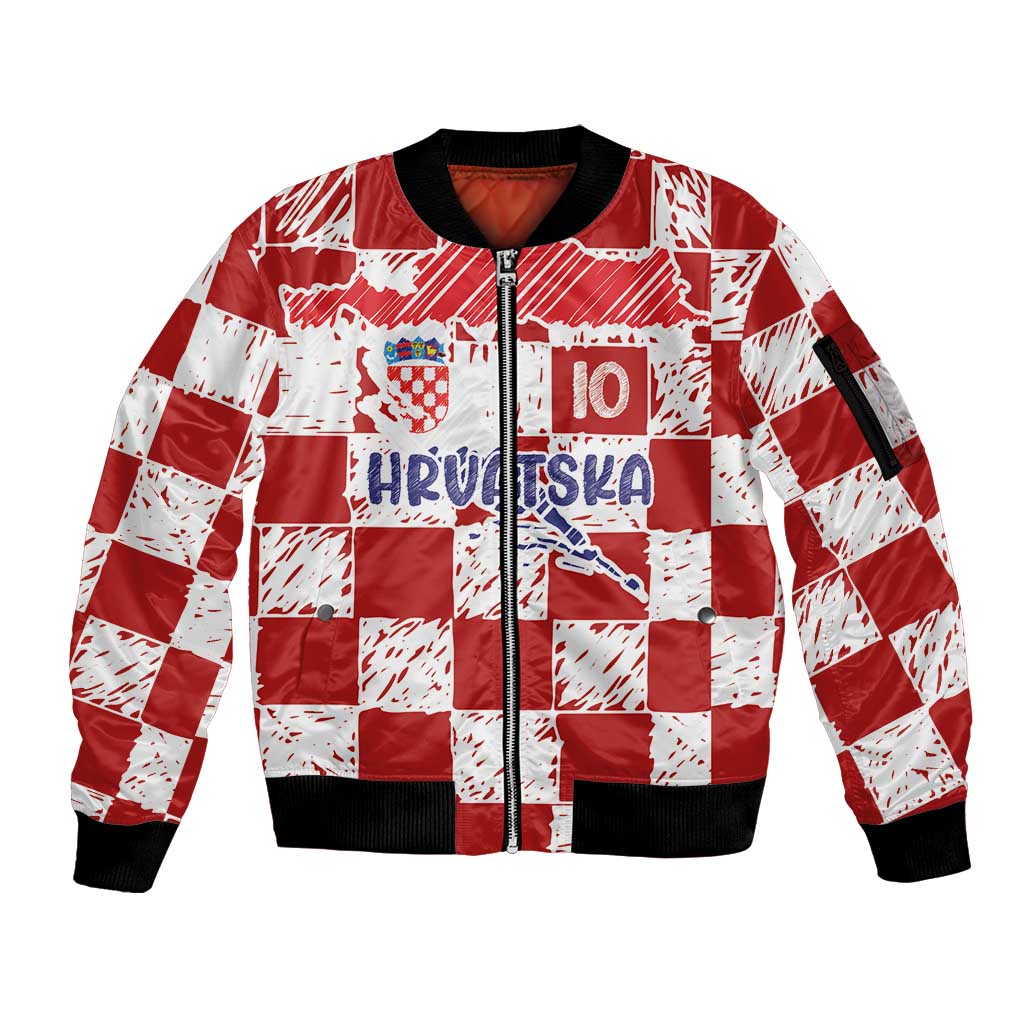 Custom Hrvatska National Football Sleeve Zip Bomber Jacket Checkerboard Sketch Style
