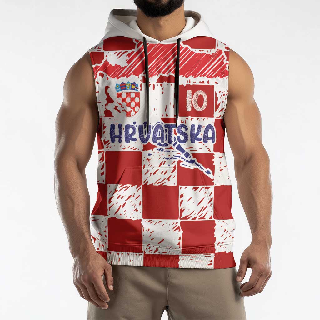 Custom Hrvatska National Football Sleeveless Hoodie Checkerboard Sketch Style