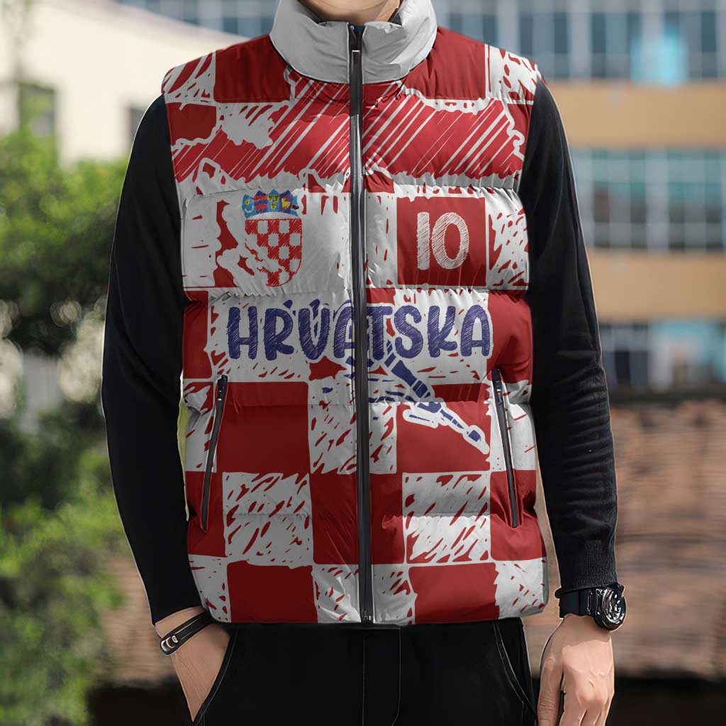 Custom Hrvatska National Football Sleeveless Puffer Jacket Checkerboard Sketch Style
