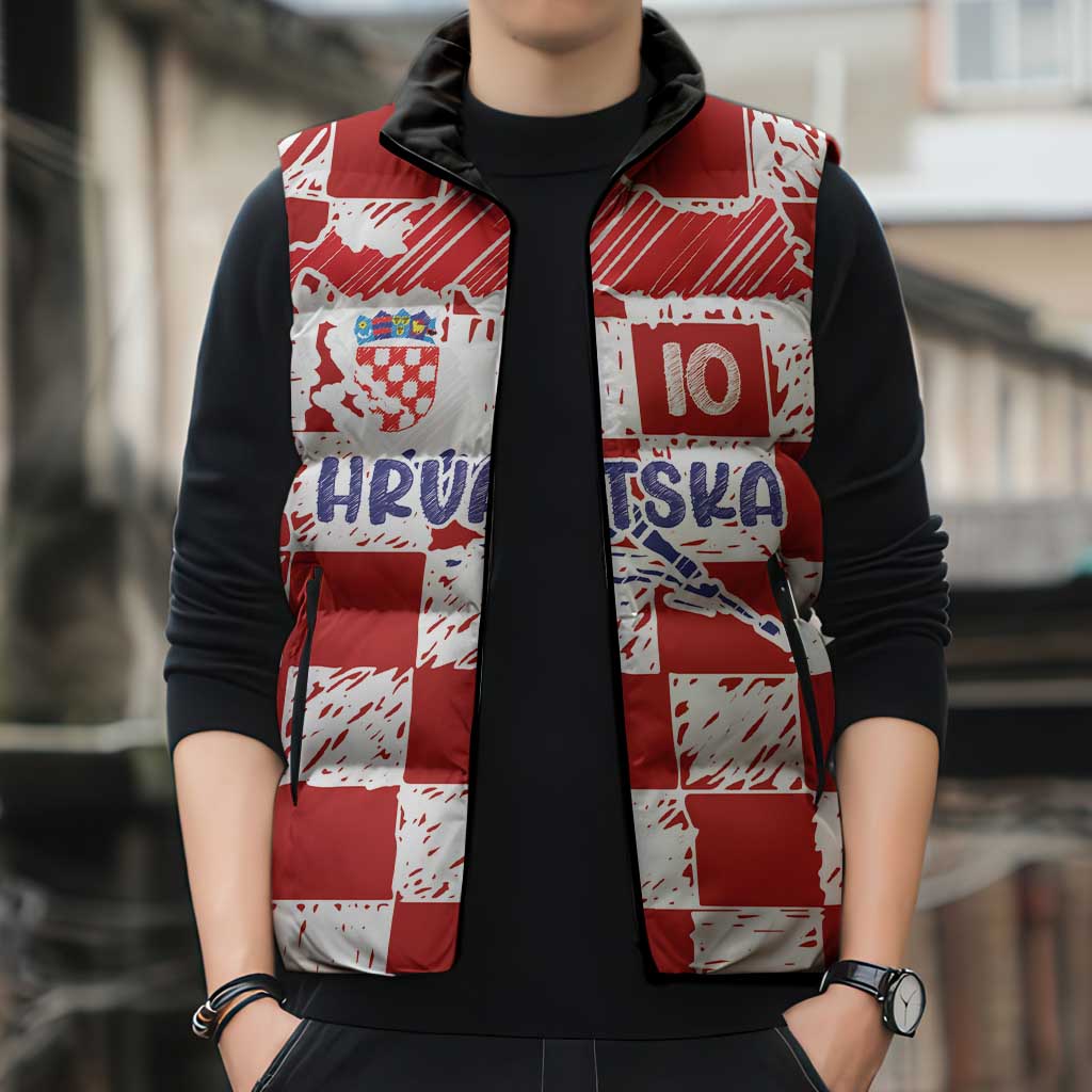 Custom Hrvatska National Football Sleeveless Puffer Jacket Checkerboard Sketch Style