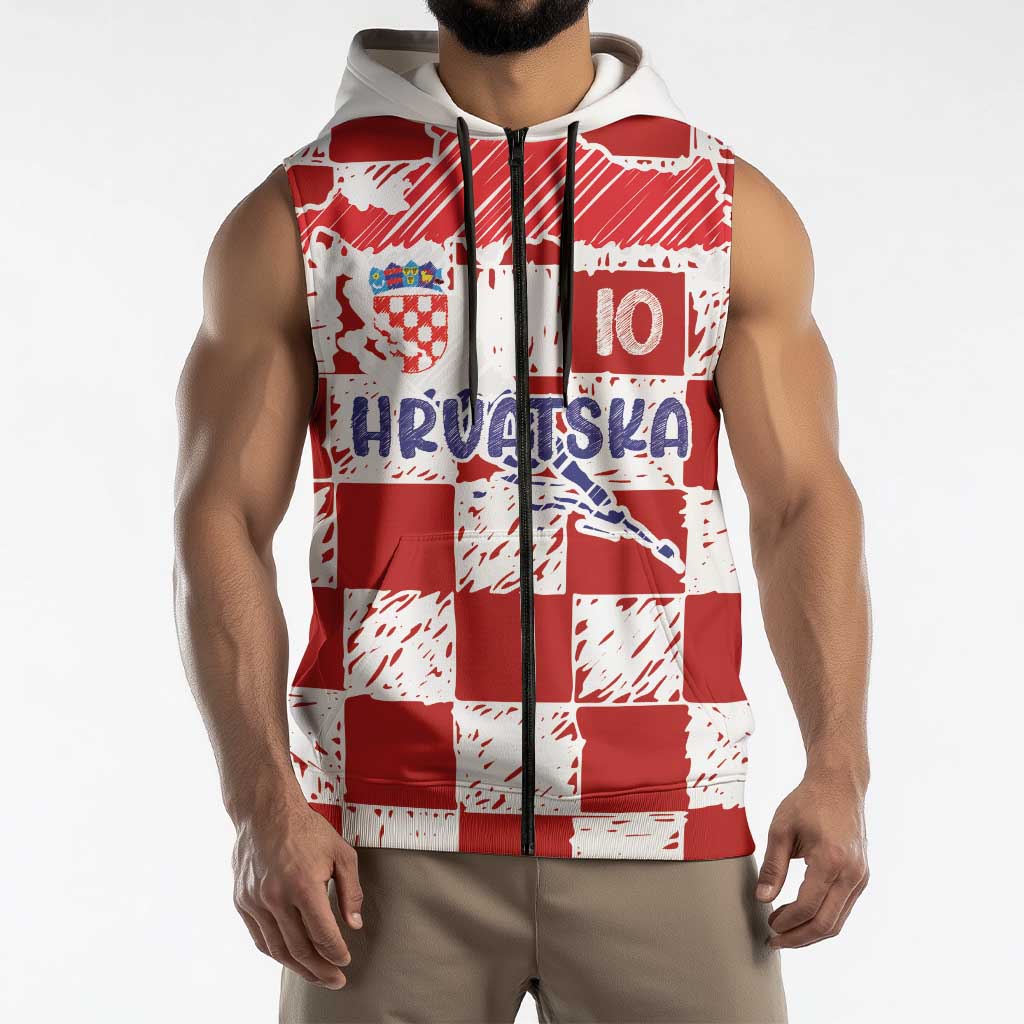 Custom Hrvatska National Football Sleeveless Zip Hoodie Checkerboard Sketch Style