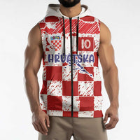 Custom Hrvatska National Football Sleeveless Zip Hoodie Checkerboard Sketch Style