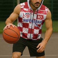 Custom Hrvatska National Football Sleeveless Zip Hoodie Checkerboard Sketch Style
