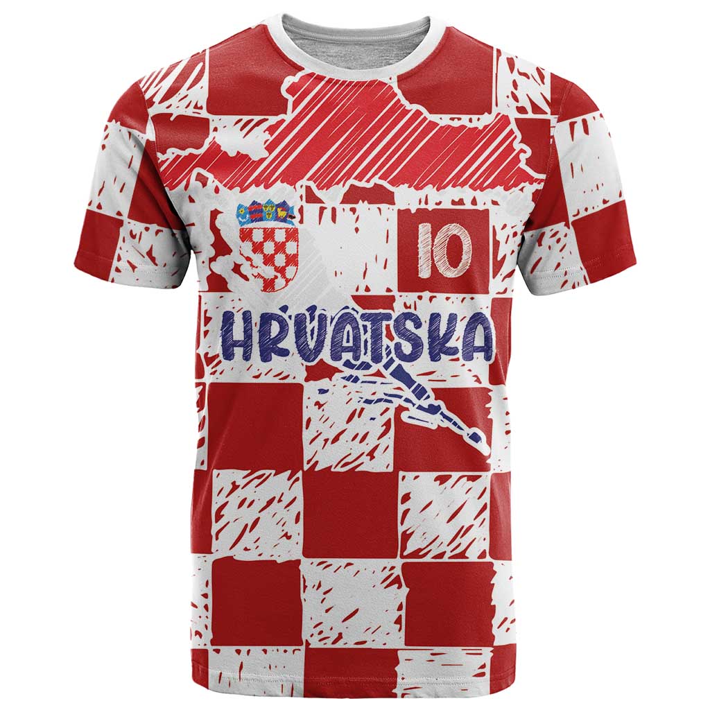 Custom Hrvatska National Football T Shirt Checkerboard Sketch Style