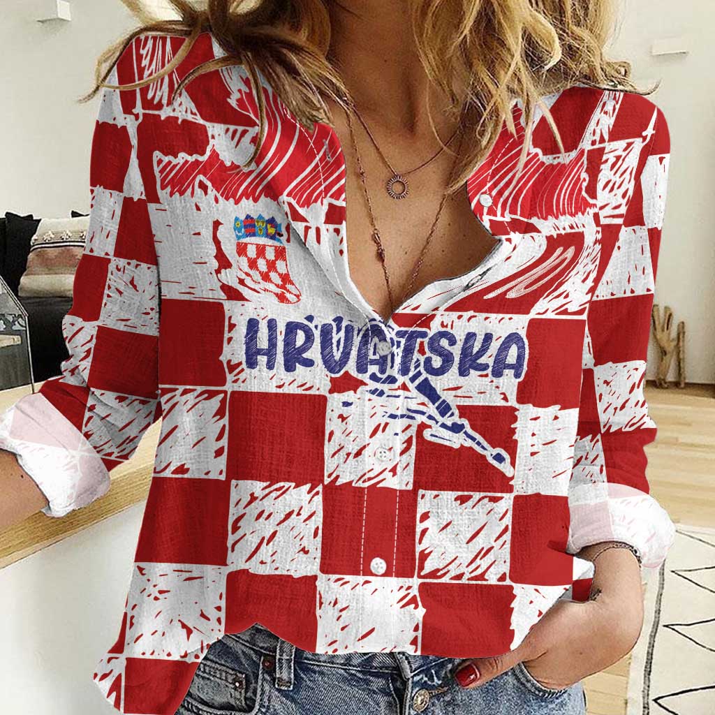 Custom Hrvatska National Football Women Casual Shirt Checkerboard Sketch Style