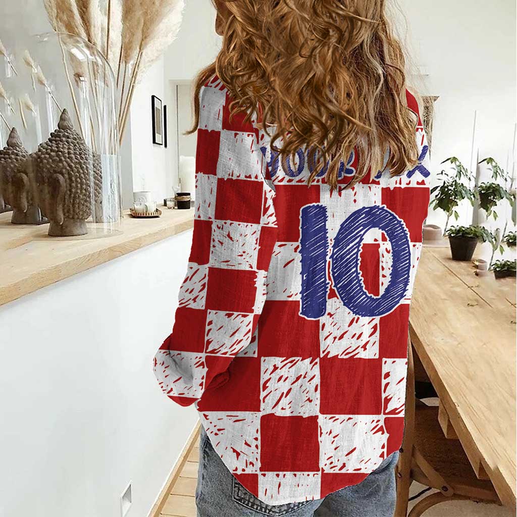 Custom Hrvatska National Football Women Casual Shirt Checkerboard Sketch Style