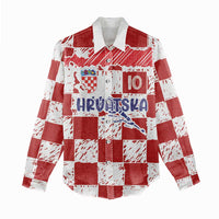 Custom Hrvatska National Football Women Casual Shirt Checkerboard Sketch Style