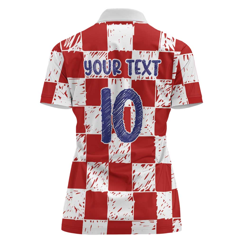 Custom Hrvatska National Football Women Polo Shirt Checkerboard Sketch Style