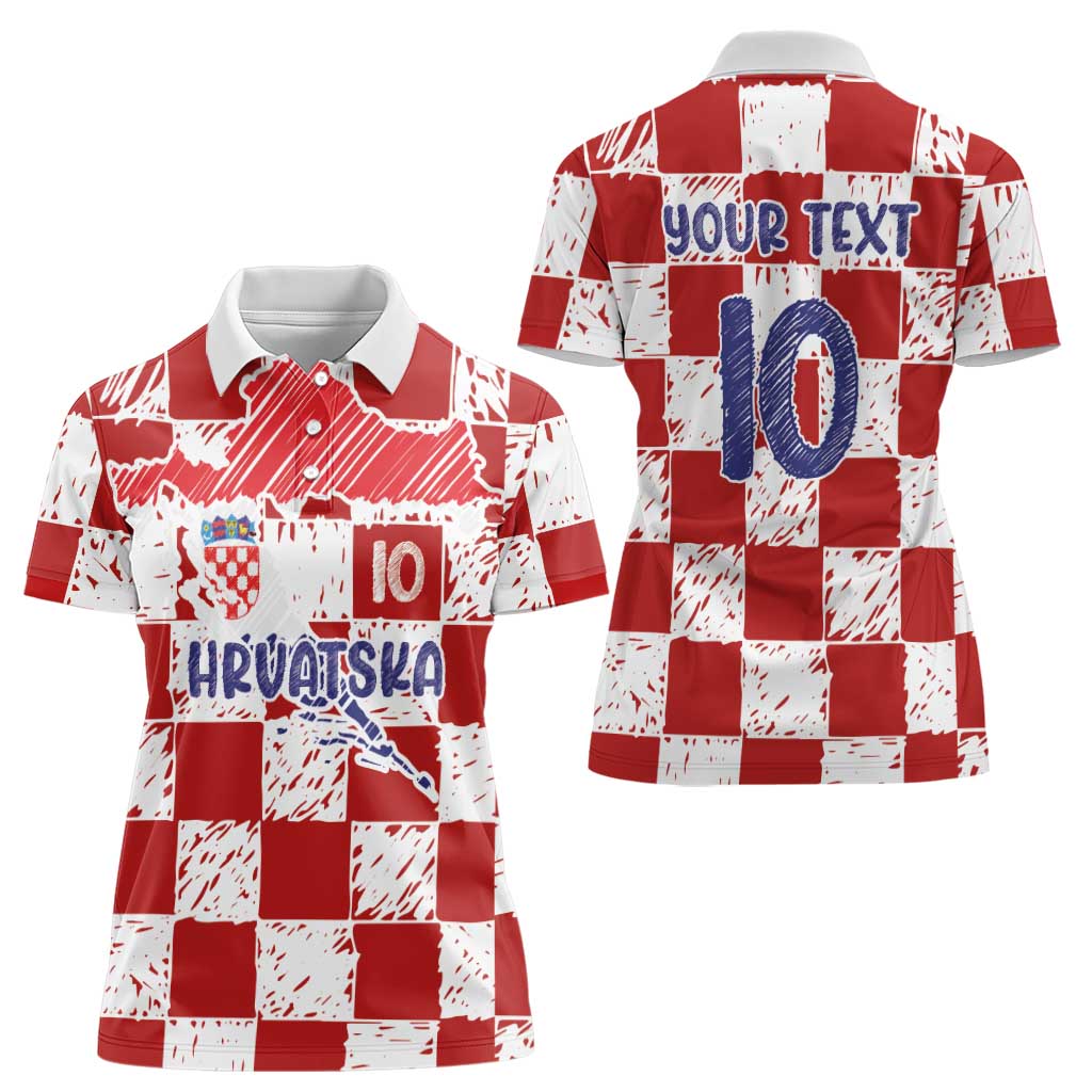 Custom Hrvatska National Football Women Polo Shirt Checkerboard Sketch Style