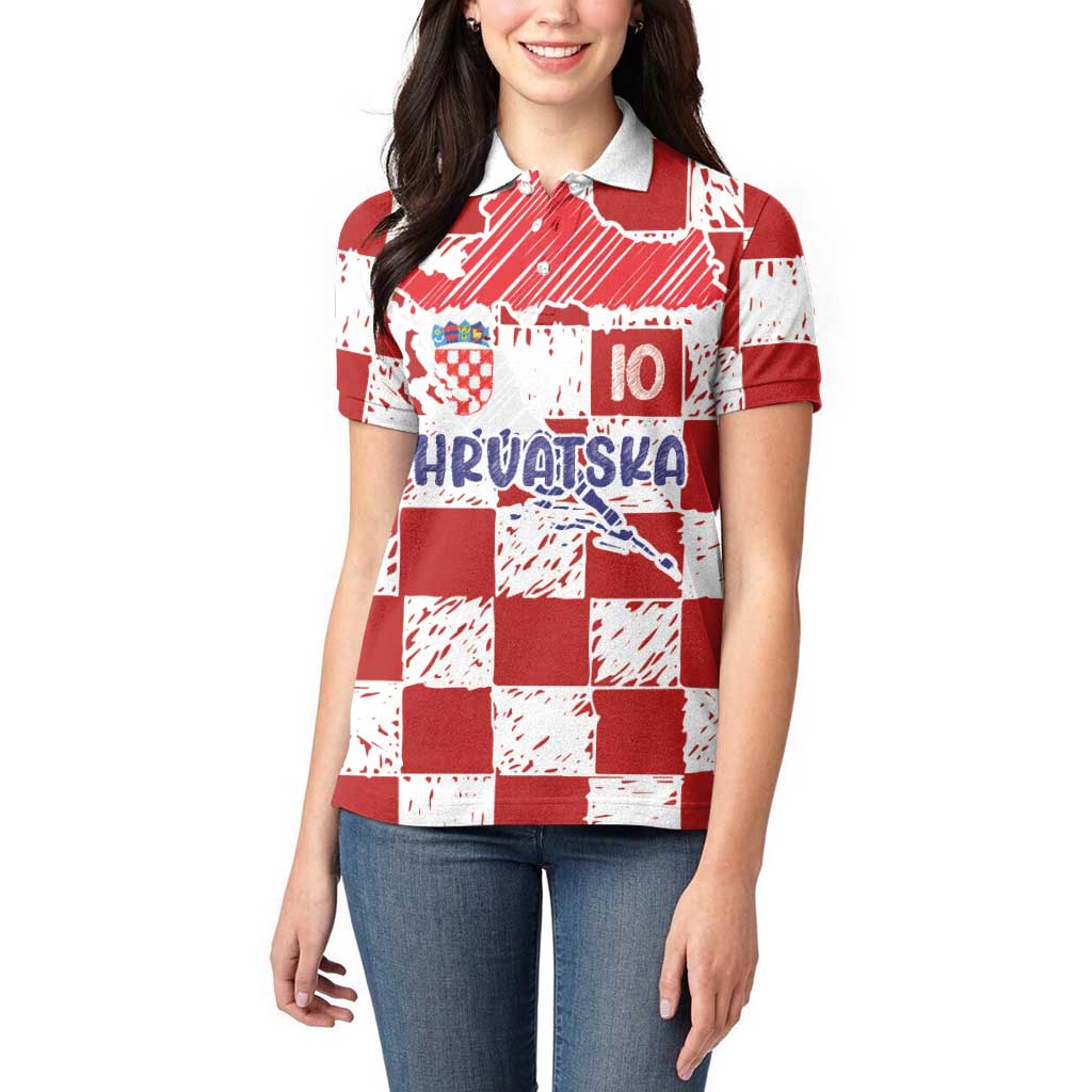 Custom Hrvatska National Football Women Polo Shirt Checkerboard Sketch Style