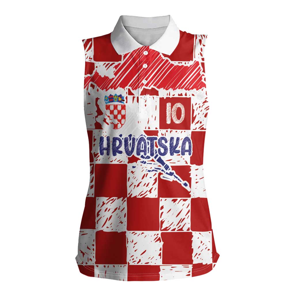 Custom Hrvatska National Football Women Sleeveless Polo Shirt Checkerboard Sketch Style