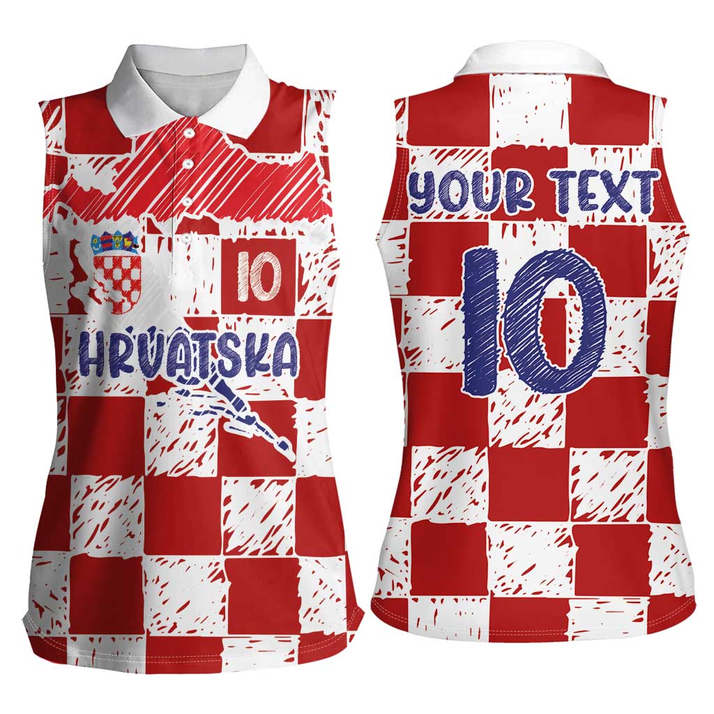 Custom Hrvatska National Football Women Sleeveless Polo Shirt Checkerboard Sketch Style