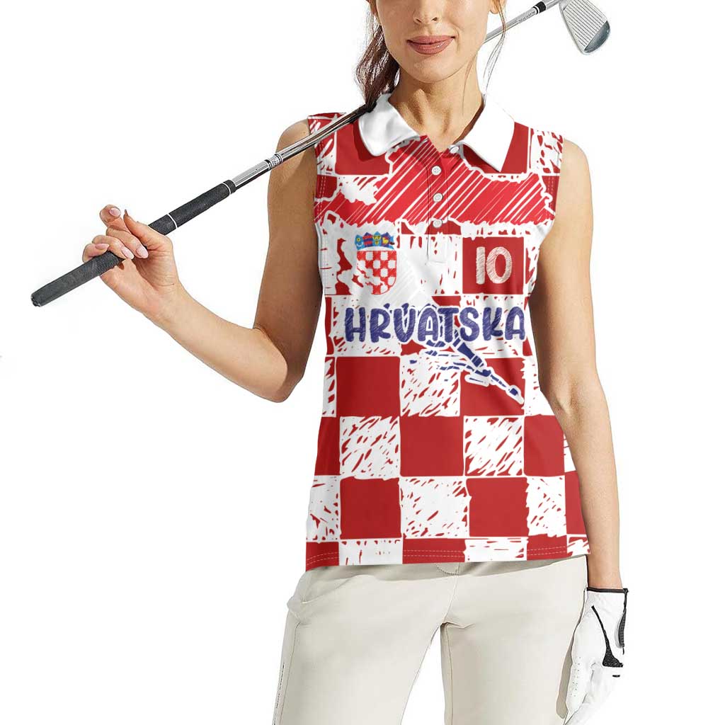 Custom Hrvatska National Football Women Sleeveless Polo Shirt Checkerboard Sketch Style