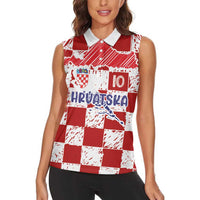 Custom Hrvatska National Football Women Sleeveless Polo Shirt Checkerboard Sketch Style