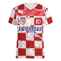 Custom Hrvatska National Football Women V-Neck T-Shirt Checkerboard Sketch Style