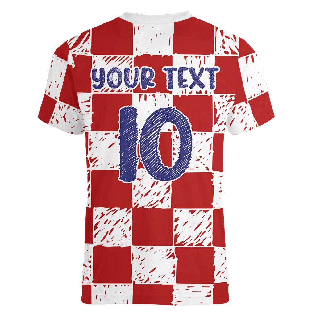 Custom Hrvatska National Football Women V-Neck T-Shirt Checkerboard Sketch Style