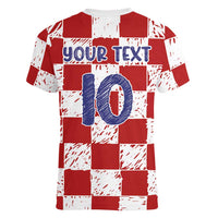 Custom Hrvatska National Football Women V-Neck T-Shirt Checkerboard Sketch Style