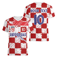 Custom Hrvatska National Football Women V-Neck T-Shirt Checkerboard Sketch Style