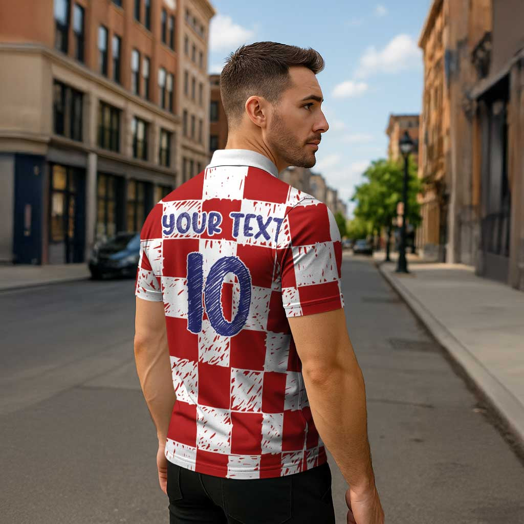 Custom Hrvatska National Football Zipper Polo Shirt Checkerboard Sketch Style