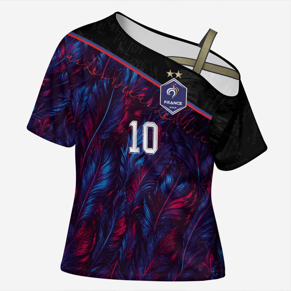 Custom France National Football Cross Shoulder Shirt Les Bleus Feather Pattern Abstract Fleur-De-Lis Art