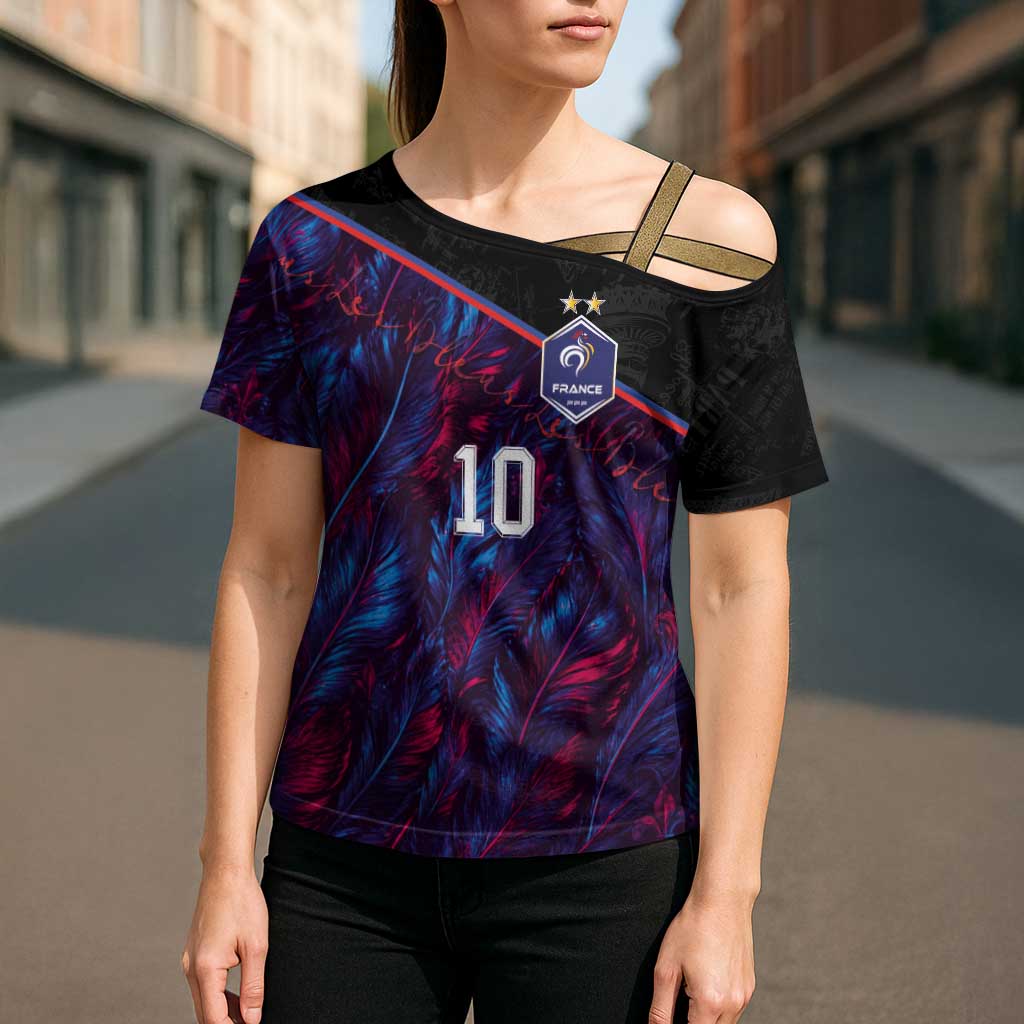 Custom France National Football Cross Shoulder Shirt Les Bleus Feather Pattern Abstract Fleur-De-Lis Art