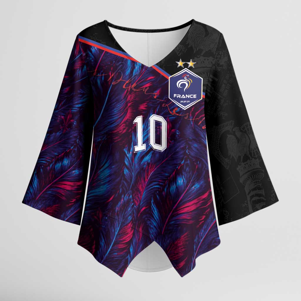 Custom France National Football Kimono Sleeve Blouse Les Bleus Feather Pattern Abstract Fleur-De-Lis Art