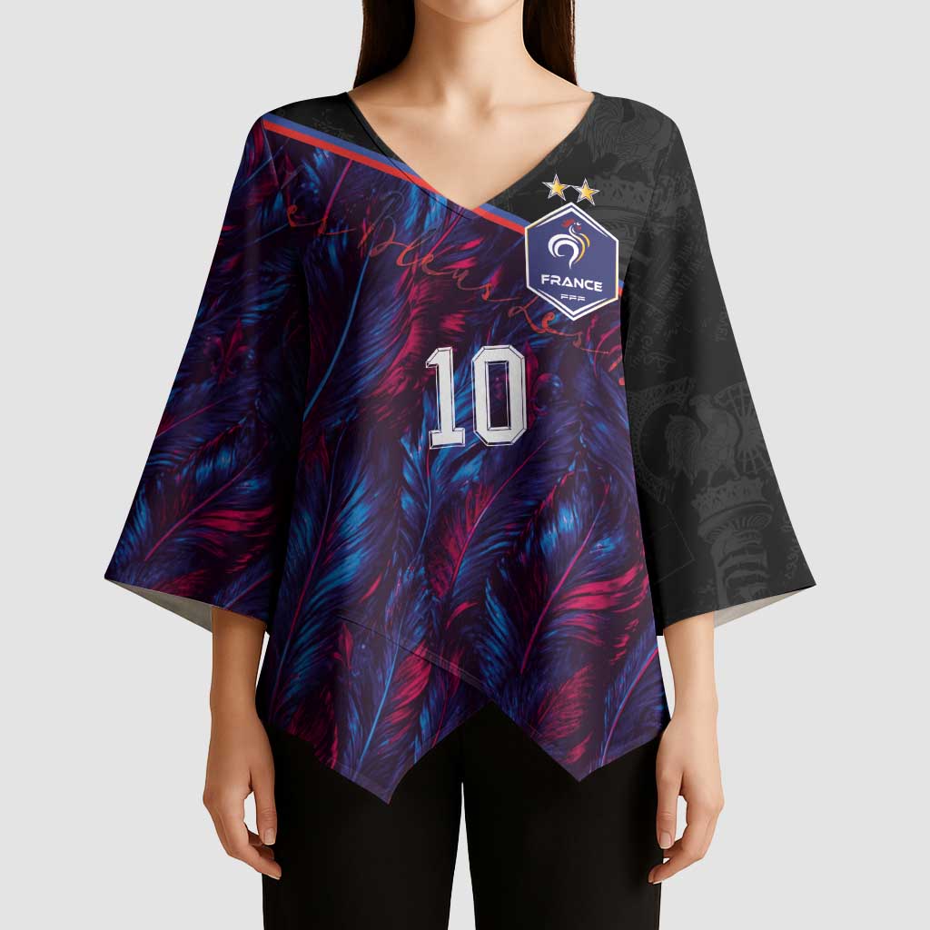 Custom France National Football Kimono Sleeve Blouse Les Bleus Feather Pattern Abstract Fleur-De-Lis Art