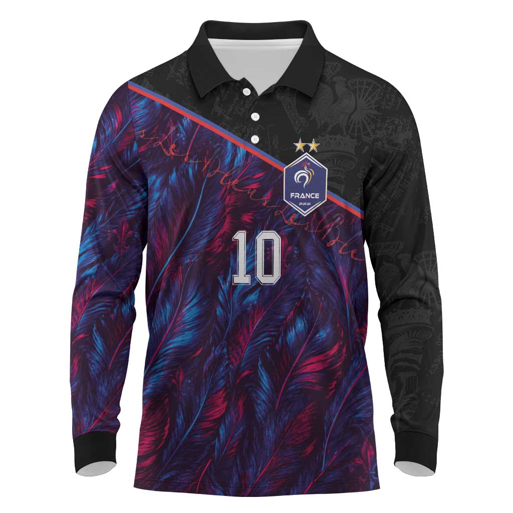 Custom France National Football Long Sleeve Polo Shirt Les Bleus Feather Pattern Abstract Fleur-De-Lis Art