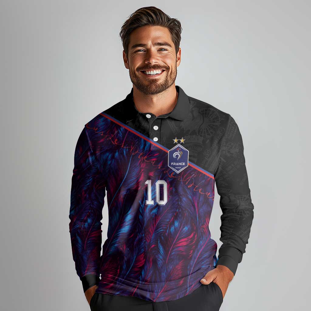 Custom France National Football Long Sleeve Polo Shirt Les Bleus Feather Pattern Abstract Fleur-De-Lis Art