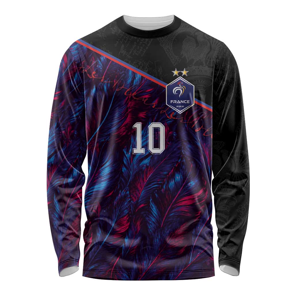 Custom France National Football Long Sleeve Shirt Les Bleus Feather Pattern Abstract Fleur-De-Lis Art