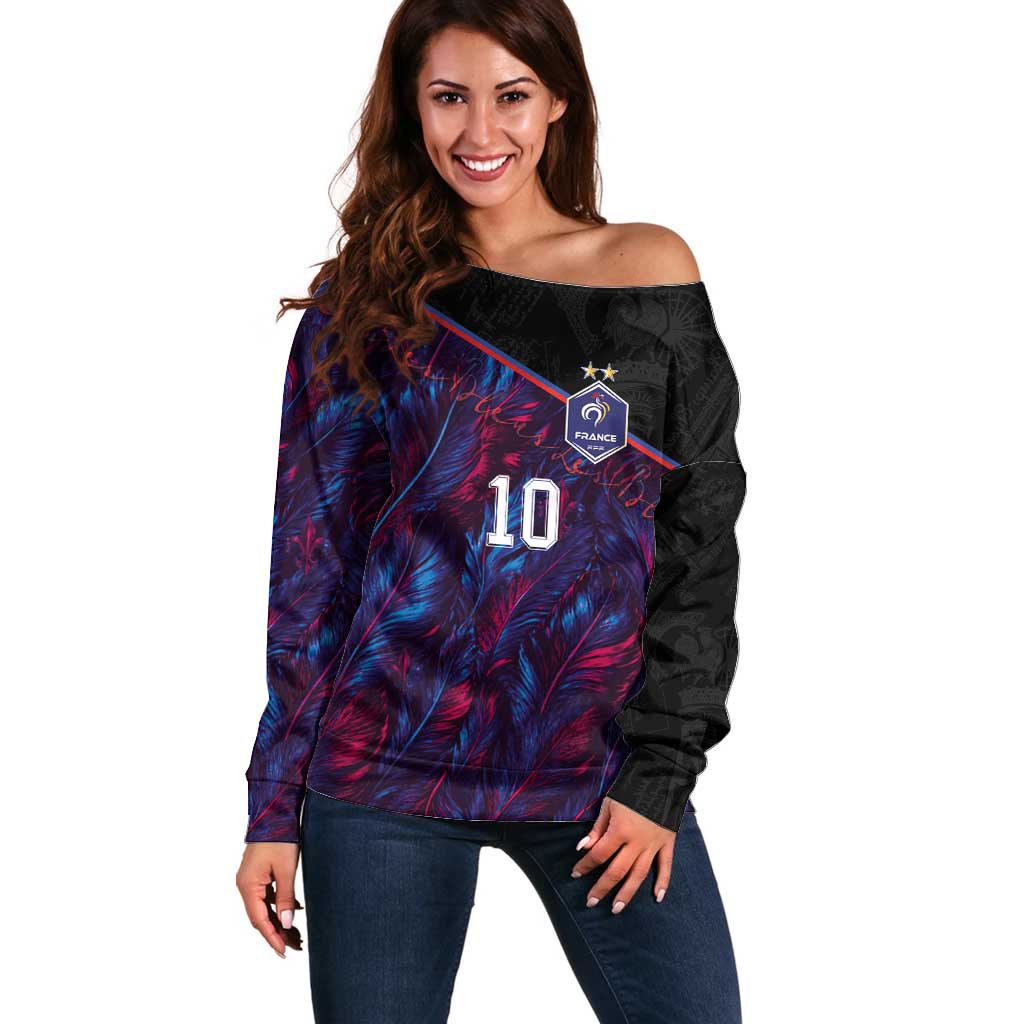 Custom France National Football Off Shoulder Sweater Les Bleus Feather Pattern Abstract Fleur-De-Lis Art