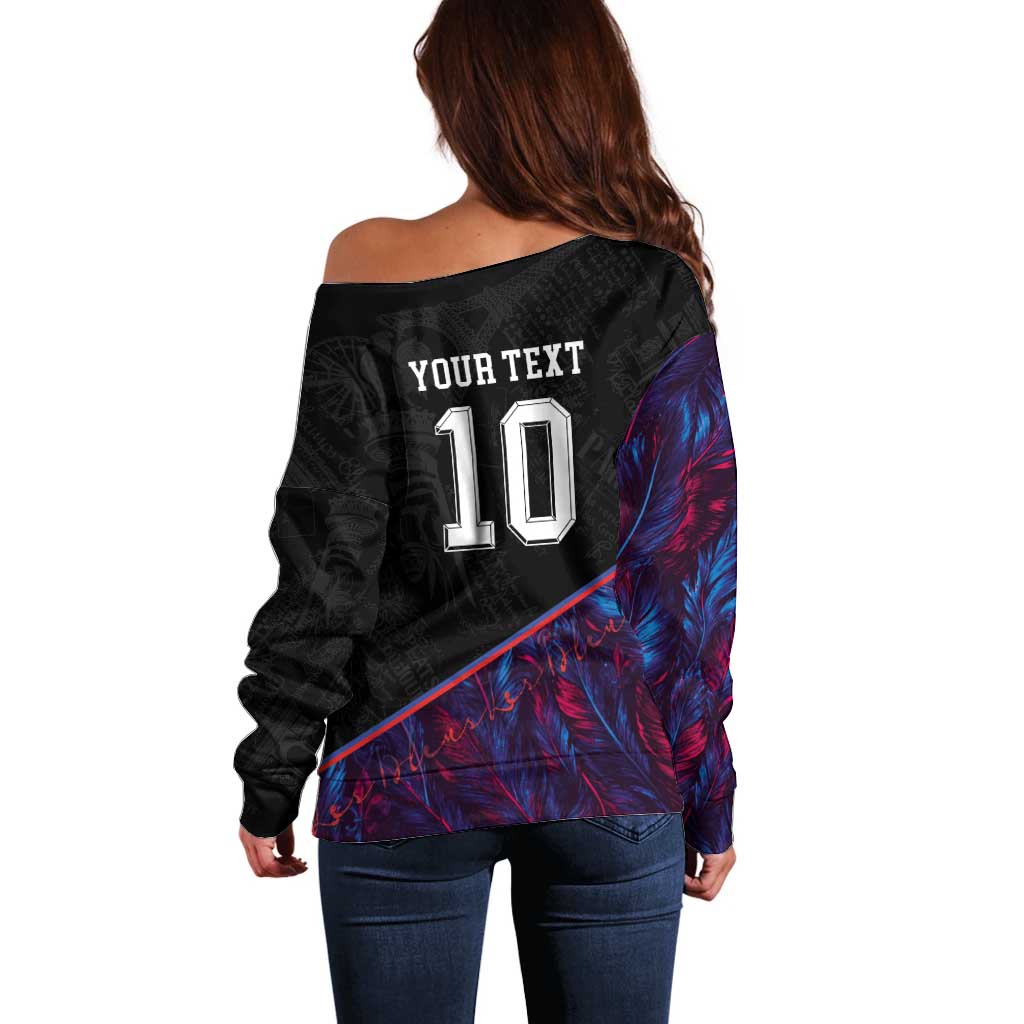 Custom France National Football Off Shoulder Sweater Les Bleus Feather Pattern Abstract Fleur-De-Lis Art