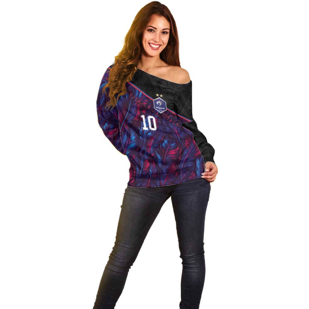 Custom France National Football Off Shoulder Sweater Les Bleus Feather Pattern Abstract Fleur-De-Lis Art