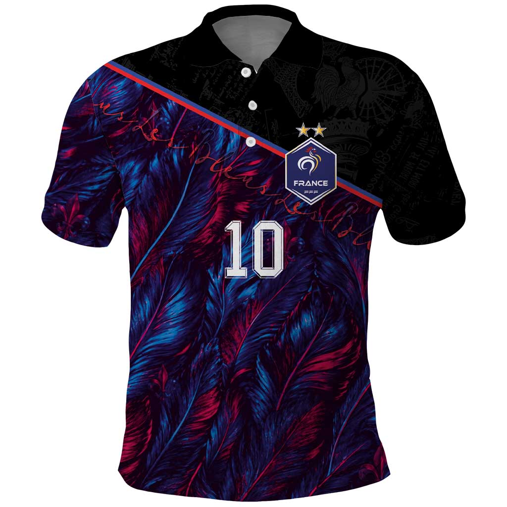 Custom France National Football Polo Shirt Les Bleus Feather Pattern Abstract Fleur-De-Lis Art