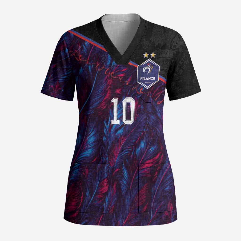 Custom France National Football Scrub Top Les Bleus Feather Pattern Abstract Fleur-De-Lis Art
