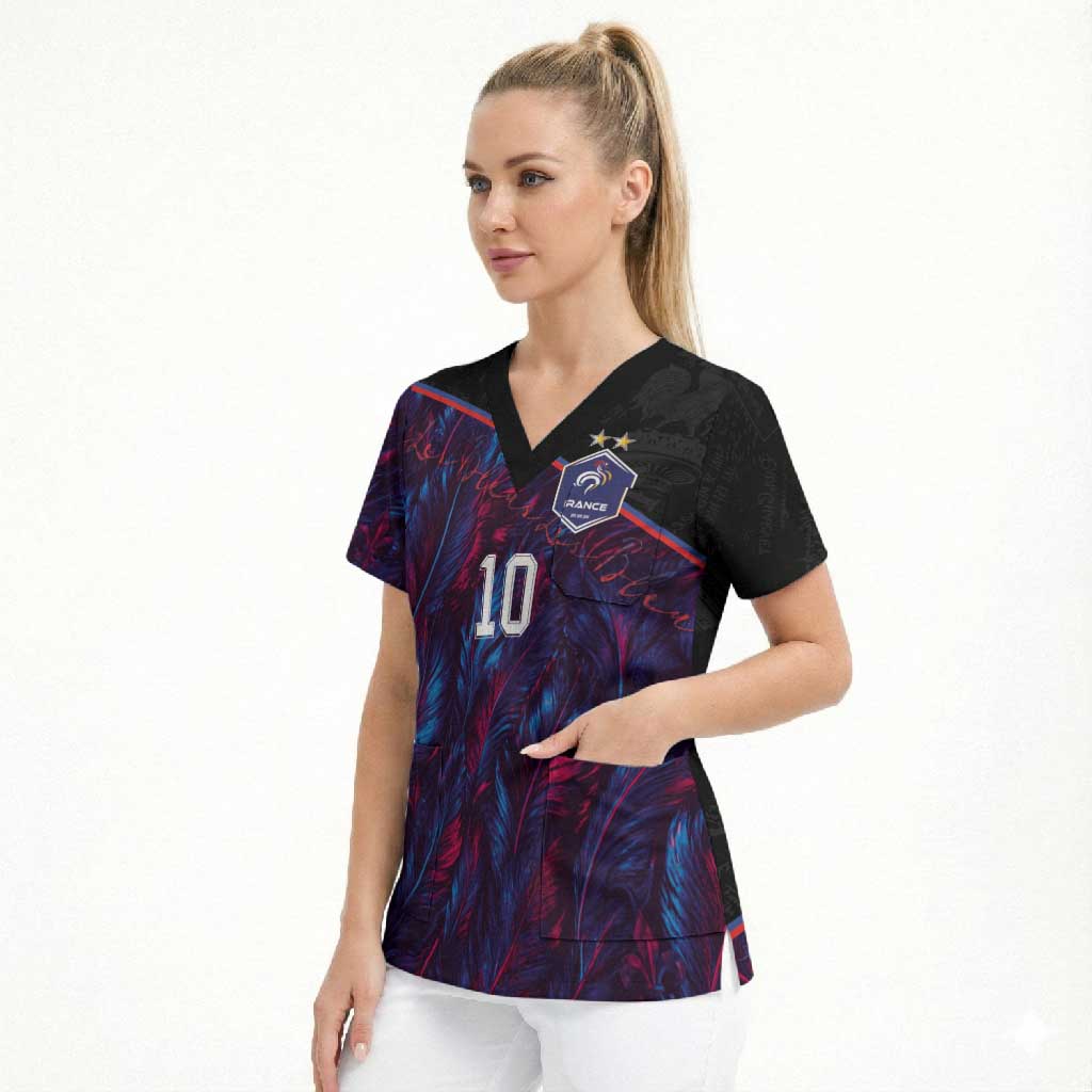 Custom France National Football Scrub Top Les Bleus Feather Pattern Abstract Fleur-De-Lis Art