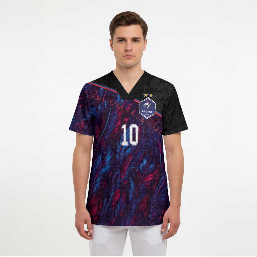 Custom France National Football Scrub Top Les Bleus Feather Pattern Abstract Fleur-De-Lis Art