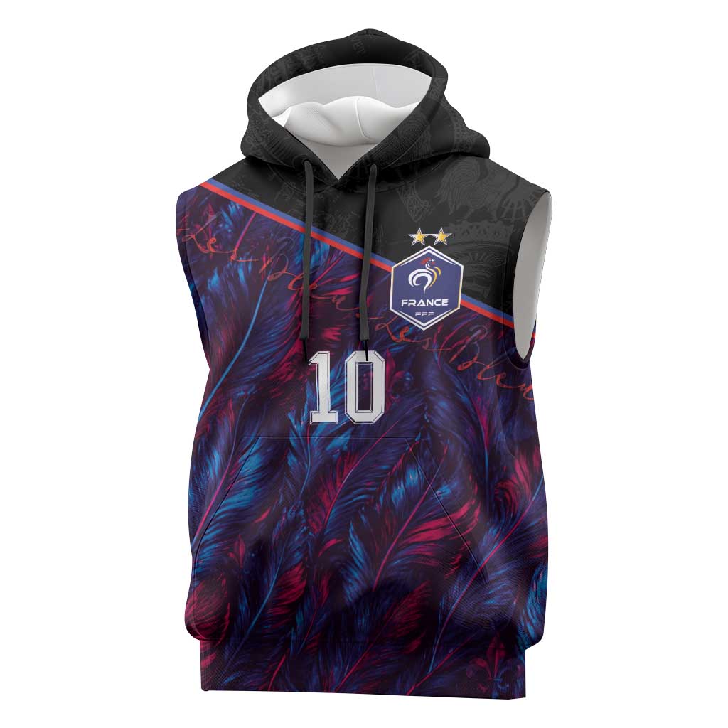 Custom France National Football Sleeveless Hoodie Les Bleus Feather Pattern Abstract Fleur-De-Lis Art
