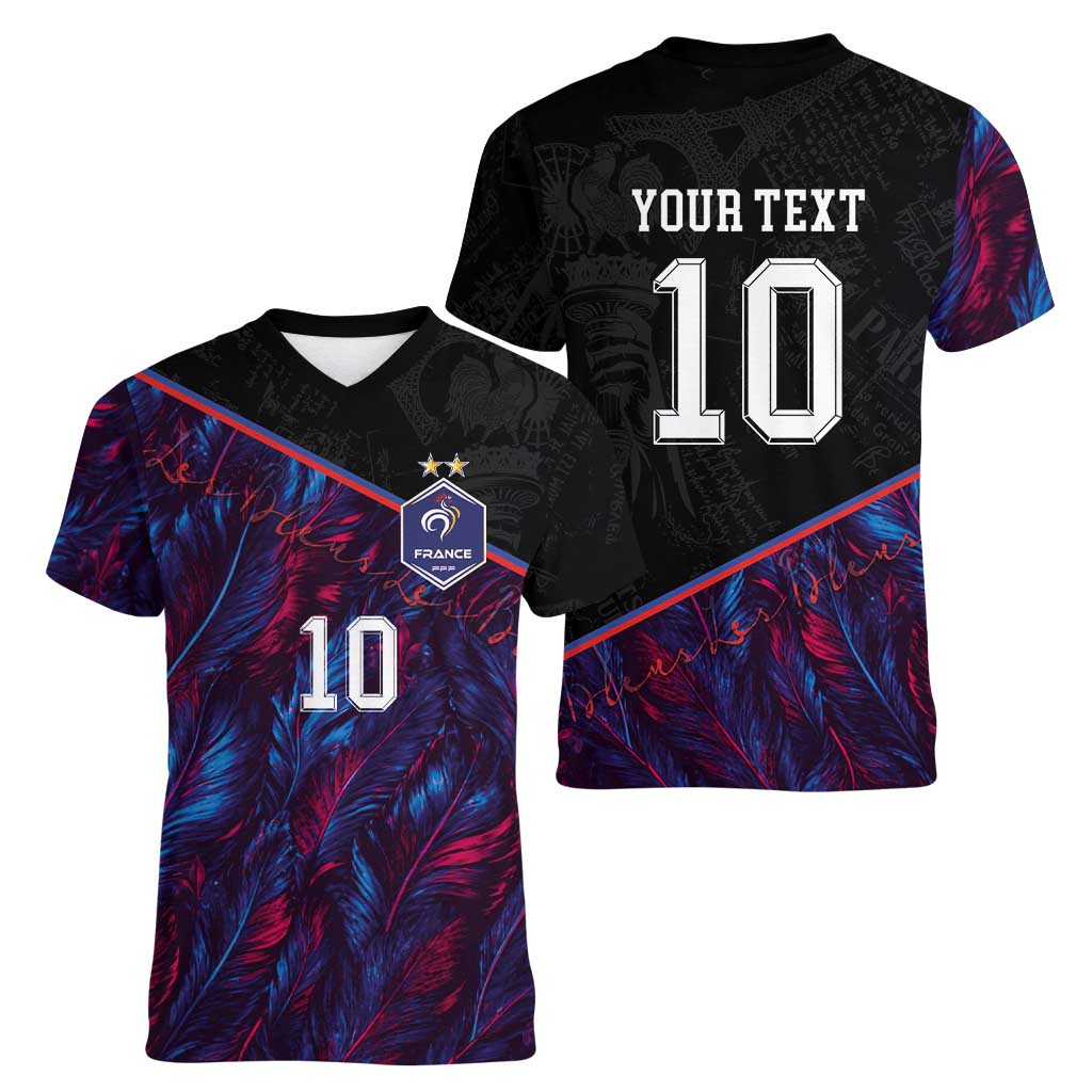 Custom France National Football Women V-Neck T-Shirt Les Bleus Feather Pattern Abstract Fleur-De-Lis Art