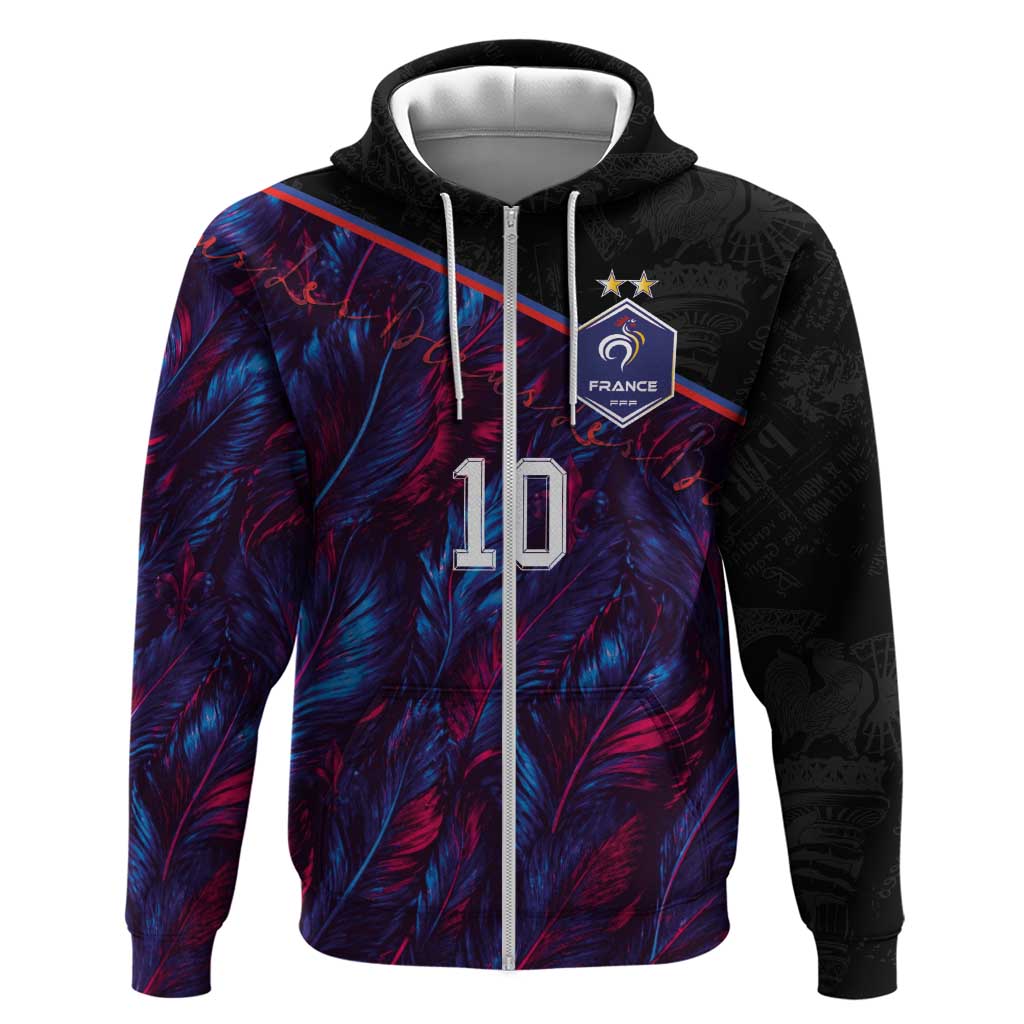 Custom France National Football Zip Hoodie Les Bleus Feather Pattern Abstract Fleur-De-Lis Art