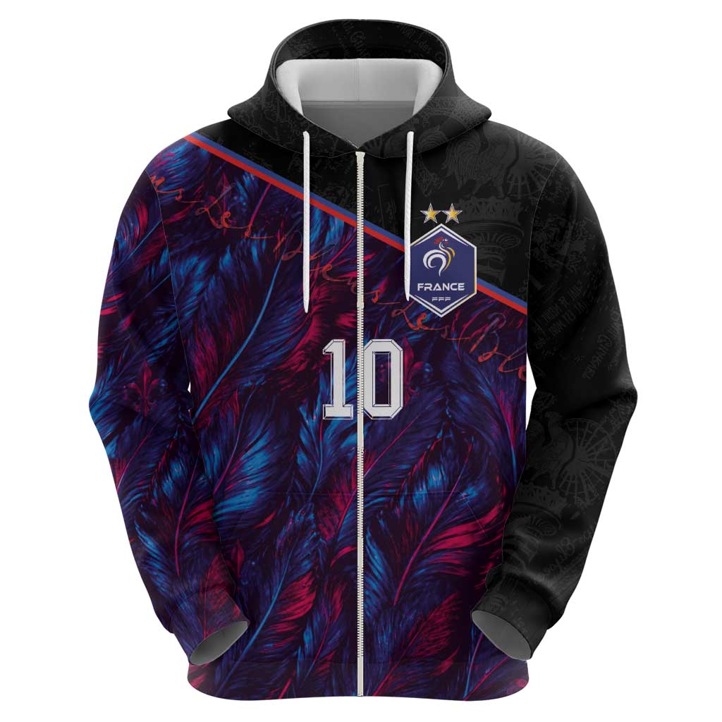 Custom France National Football Zip Hoodie Les Bleus Feather Pattern Abstract Fleur-De-Lis Art