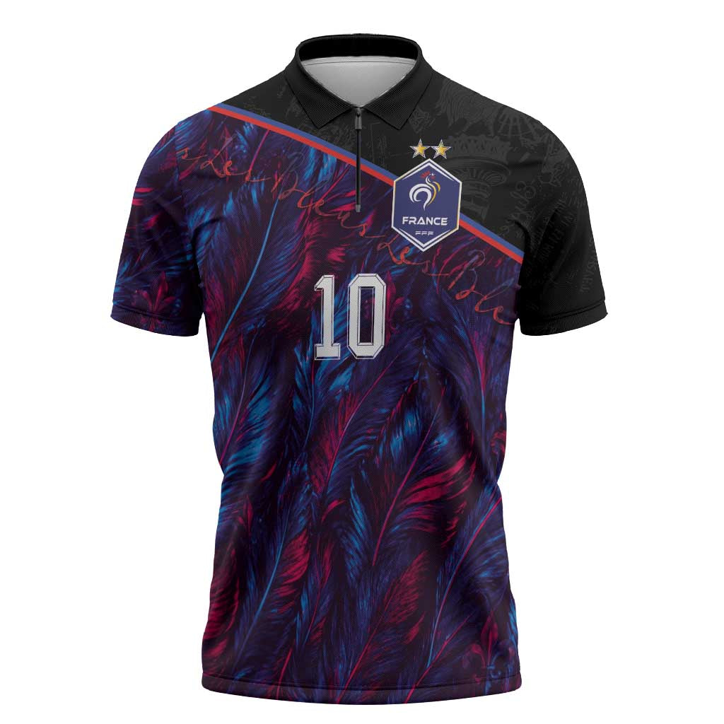 Custom France National Football Zipper Polo Shirt Les Bleus Feather Pattern Abstract Fleur-De-Lis Art