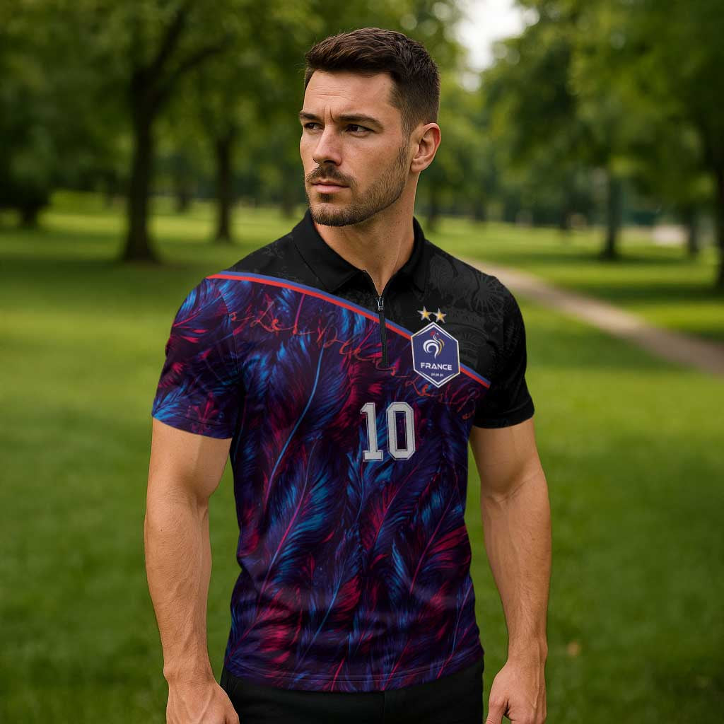 Custom France National Football Zipper Polo Shirt Les Bleus Feather Pattern Abstract Fleur-De-Lis Art