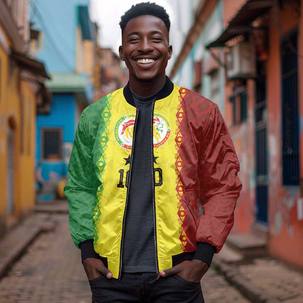 Custom Senegal National Football Bomber Jacket Lions Of Teranga Leopard Print Tribal Flag Graphic