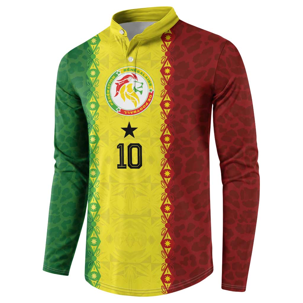 Custom Senegal National Football Button Sweatshirt Lions Of Teranga Leopard Print Tribal Flag Graphic