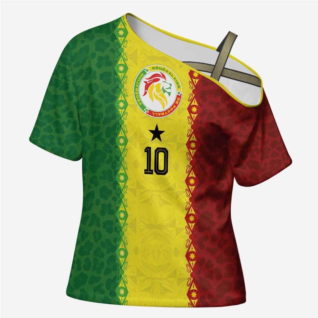 Custom Senegal National Football Cross Shoulder Shirt Lions Of Teranga Leopard Print Tribal Flag Graphic